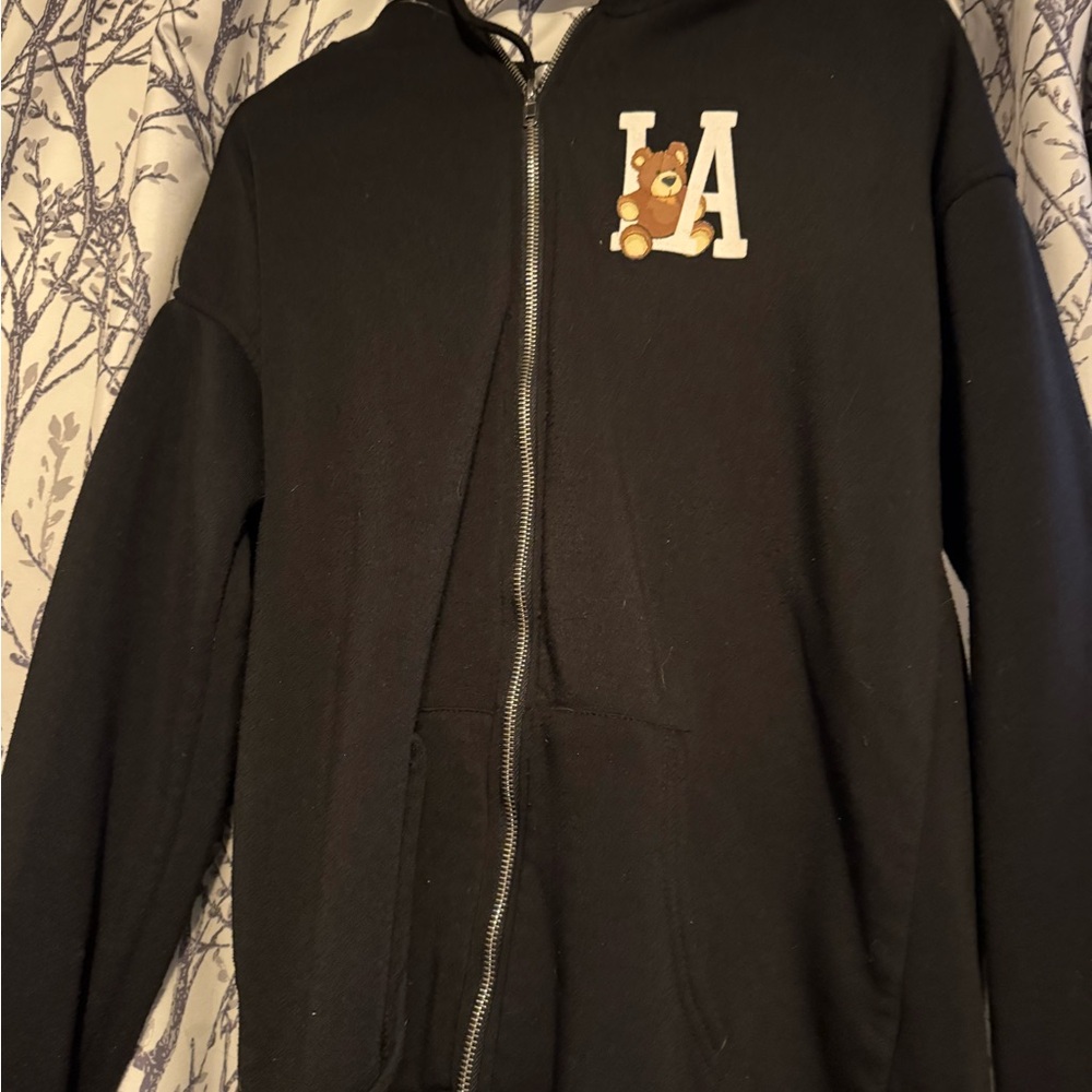 Black Zip-Up Hoodie with Bear Patch